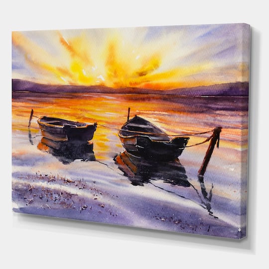 Designart - Sunset and Two Small Boats Parking On The Shore